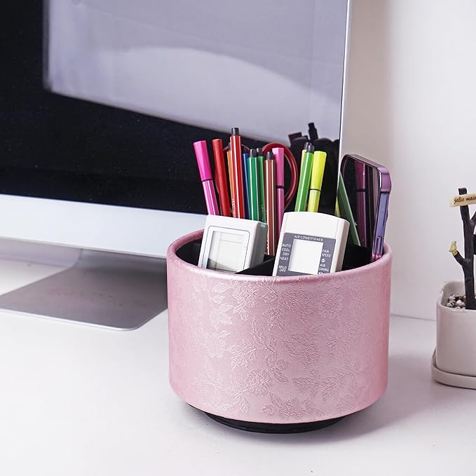 lizimandu Round Leather Art Supply Organizer,Remote Control Holder,360 Degree Spinning,Multi-Functional Pencil Holder,4 Compartments Desktop Stationary Organizer(1-Liuli Pink)