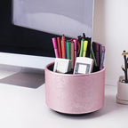 lizimandu Round Leather Art Supply Organizer,Remote Control Holder,360 Degree Spinning,Multi-Functional Pencil Holder,4 Compartments Desktop Stationary Organizer(1-Liuli Pink)