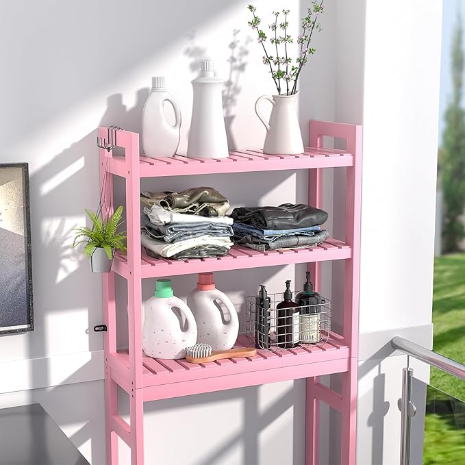 Homykic Bamboo Over The Toilet Storage Shelves, 3-Tier Above Toilet Storage Organizer Rack with 3 Hooks, Freestanding Bathroom Tower Shelf Unit for Small Space, No Rust, Easy to Assemble, Pink