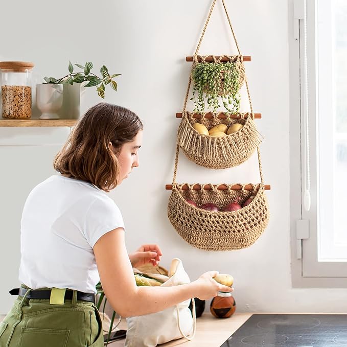 Hanging Fruit Basket, 3 Tier Over the Door Organizer, Handmade Woven Jute Wall Baskets for Organizing, BOHO Decor, Storage for Kitchen, Living & Bathroom Bedroom.