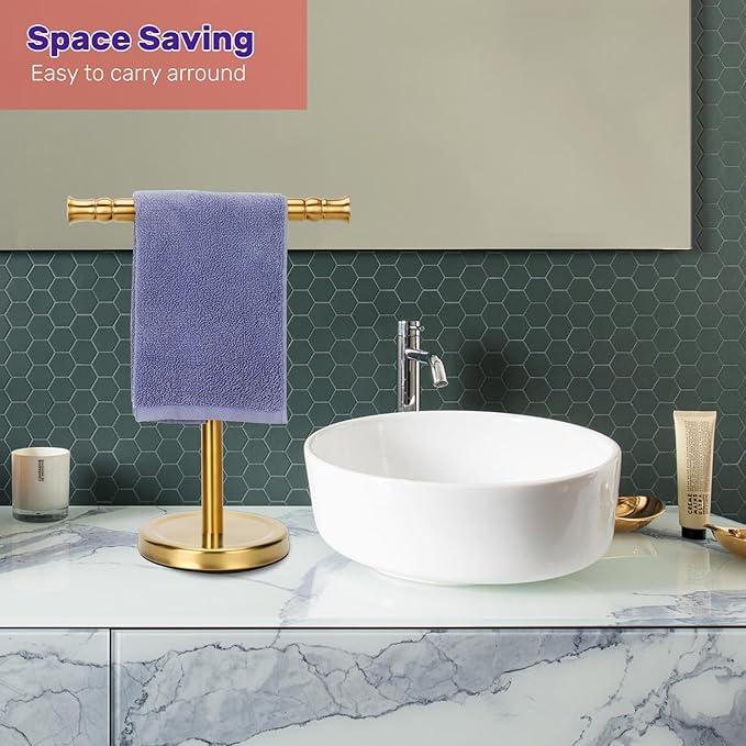 Gold Hand Towel Holder Stand for Bathroom Vanity Countertop SUS304 Stainless Steel T-Shape Free Standing Towel Rack Stand Towel Bar for Bathroom Kitchen
