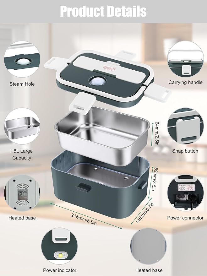 Buddew Electric Lunch Box for Adults, 80W Heated Lunch Box 1.8L Stainless Steel Portable Food Warmer,12/24/110V Lonchera Electrica Portatil for Travel & Work, Loncheras para Hombres de Trabajo