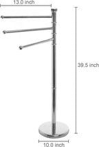 MyGift 38 Inch Silver Metal Freestanding Towel Rack for Bathroom, Bath Towel Stand with 3 Swivel Arms and Sturdy Round Base, Standing Towel Rack, Hand Towel Holder