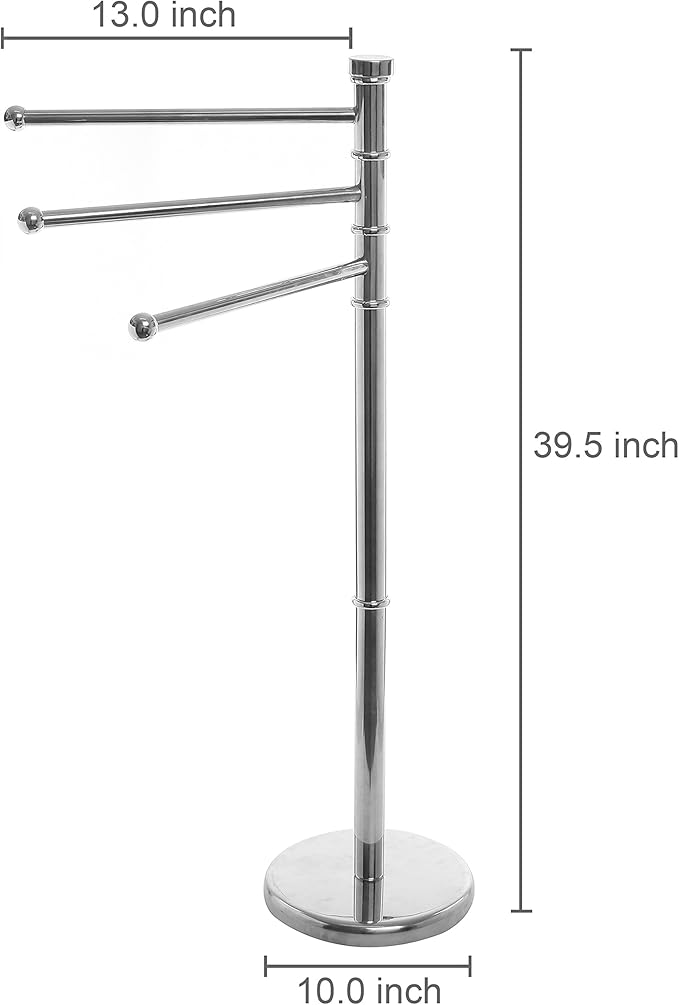 MyGift 38 Inch Silver Metal Freestanding Towel Rack for Bathroom, Bath Towel Stand with 3 Swivel Arms and Sturdy Round Base, Standing Towel Rack, Hand Towel Holder