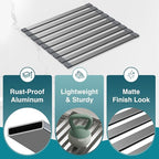 Aluminum Roll Up Dish Drying Rack Over The Sink, 17.7" x 13.4" Rust-Proof Foldable Dish Drainer Mat, Heat Resistant Trivet & Kitchen Sink Cover, Fits Sinks up to 16.8" Wide, Matte Gray