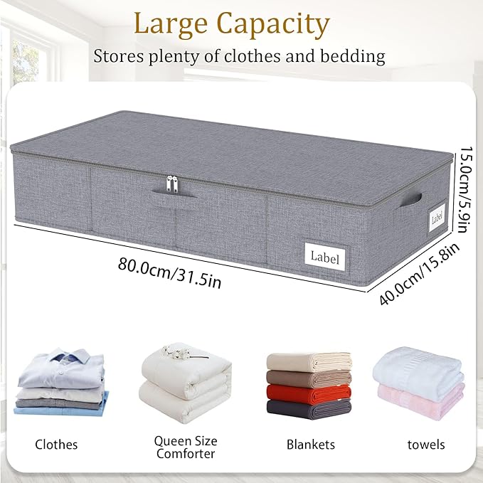 Yawinhe Foldable Underbed Storage Bags, Containers Bin with Lids, Large Under Bed Organizer Box, with Sturdy Zipper und Label Holders, for Clothing, 31.5''Lx15.7''Wx6''H, 2 Pack, Grey