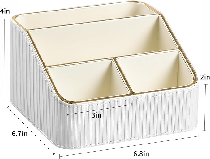 Remote Control Holder with 4 Compartments, PU Leather Small Nightstand Organizer for Home Desk Accessories Office Supplies, Multifunctional Stylish Small Bedside Desktop Organizers (White)