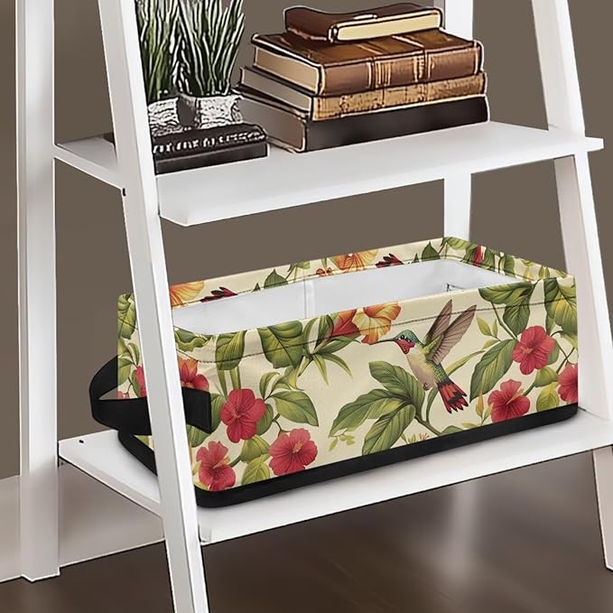 Small Toilet Paper Storage Bin Rectangular Multi-purpose Storage Baskets With Handles Portable Organizer for Home Office Bathroom Decorations, Retro Hummingbird Hibiscus flower