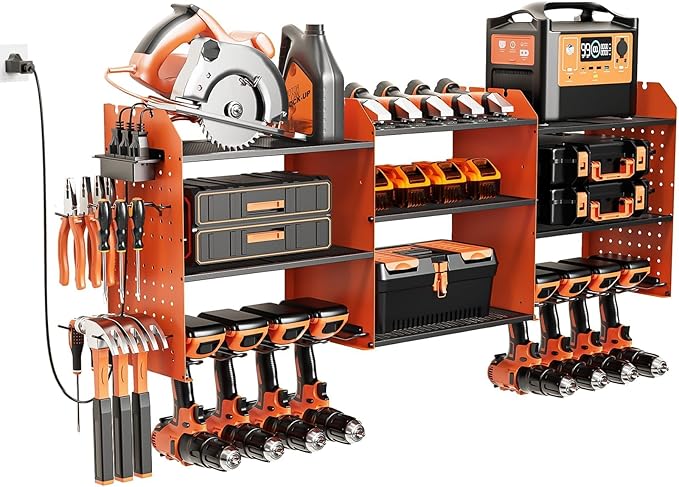 Power Tool Organizer with Charging Station Wall Mount, 3 Layer Expanded Heavy Duty Garage Organization, 45.5 Inch Length Garage Tool Storage, 8 Drills, 2 Assemble Method, Orange