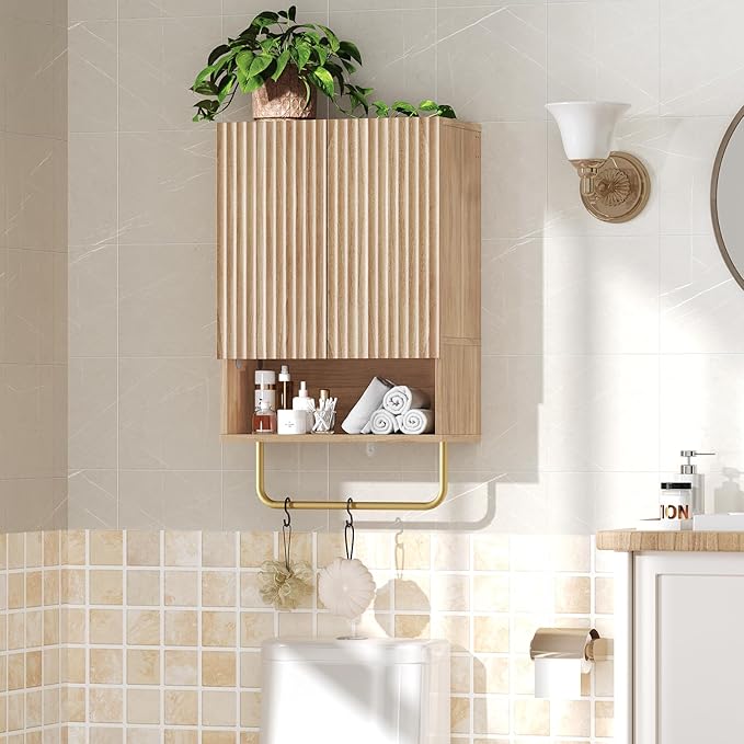 Bathroom Wall Cabinet, Wall Mounted Medicine Cabinets with Towel Bar & Adjustable Shelf, Over The Toilet Space Saver Storage Cabinet with 2 Doors, for Bathroom Laundry Room Kitchen, Natural