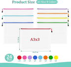 Mesh 24pcs Zipper Pouch Bags - A3 Size, 8 Color Mesh Zipper Pouches for Organizing, Board Game, Travel, School & Office