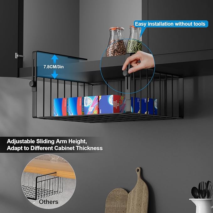 2Pack Under Shelf Basket Organizer,Adjustable Hanging Holder Storage for Cabinet Pantry Kitchen Cupboard Desk Counter Bookshelf Organization Add-on Space Saver Heavy Duty Slide-in,Black
