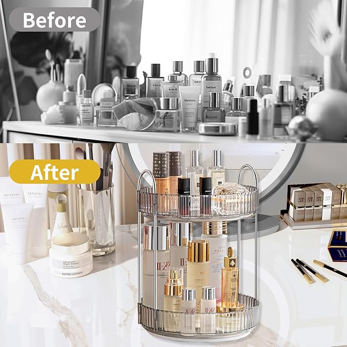 360 Rotating Makeup Organizer for Vanity,Bathroom Countertop Organizer,Spinning Perfume Organizer&Vanity Organizer(Grey-2 Tier)