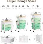 Rolling Cart with 4 Drawers, Plastic Drawer Storage Carts with Wheels & Wooden Tabletop, Metal Utility Cart with Pegboards, Office Living Room Classroom Craft Organization and Storage, Bright Green