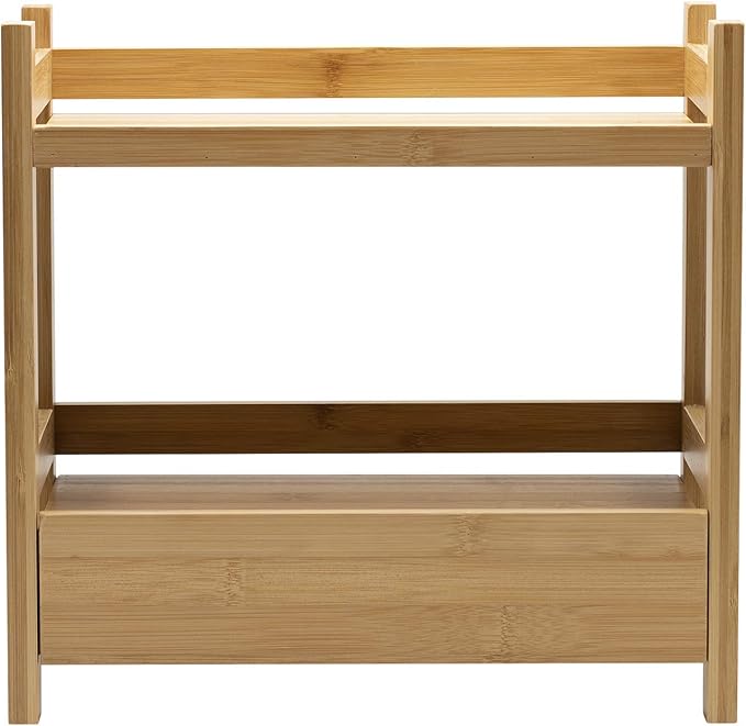 Sorbus Bamboo Bathroom Counter Organizer – 2-Tier Shelf with Hidden Drawer for Vanity, Matcha Station, Bathroom Sink Organizer Countertop, Kitchen & Office Storage (13″ L x 6.5″ W x 12.6″ H)