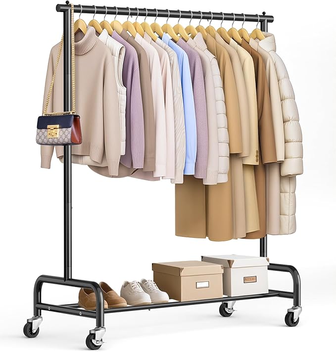 SLEEPING LAMB Heavy Duty Clothing Racks for Hanging Clothes Rack, 43" Wide Rolling Garment Rack Metal Clothing Hanger Rack with Wheels Wardrobe Rack for Coats, Shirts, Dress, (Black)