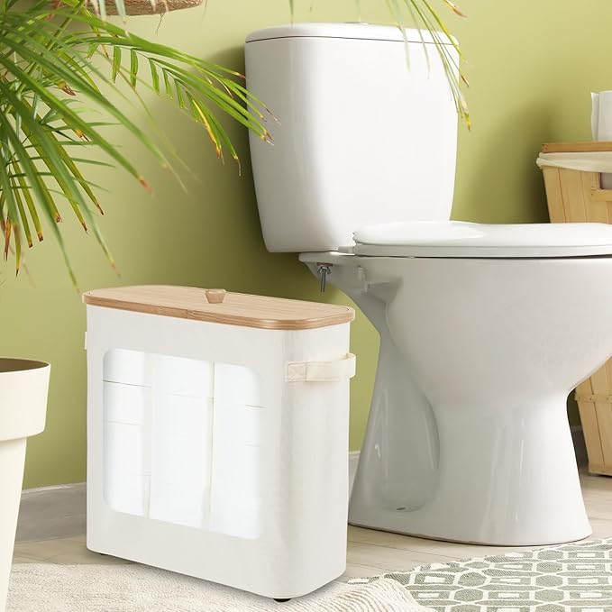 Toilet Paper Storage Basket with Lid and Handle, Foldable Toilet Paper Organizer, Large Capacity Bathroom Storage Holder for 12 Mega or 16 Regular Rolls, Beige