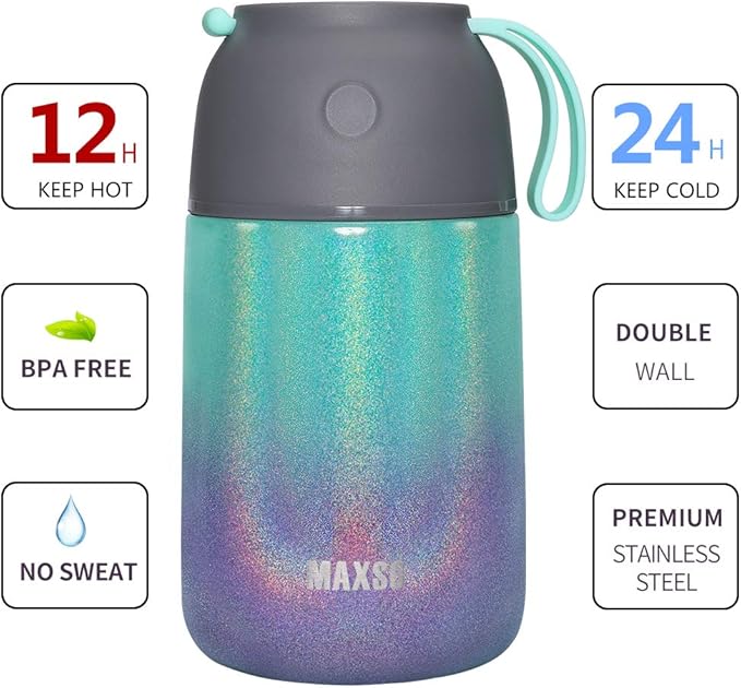 MAXSO 2 Pack Soup Thermo for Hot & Cold Food for Kids Adults, Vacuum Insulated Food Jar Thermal Lunch Containers, Travel Food Flask with Spoon (24 oz,17 oz) (Glitter Rainbow)