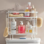 PowerKing Over The Toilet Storage Shelf, 2-Tier Bathroom Organizer Rack with 2 Hooks, No-Drill, Rust-Resistant Steel, Toilet Paper Holder for Restroom Bathroom, White