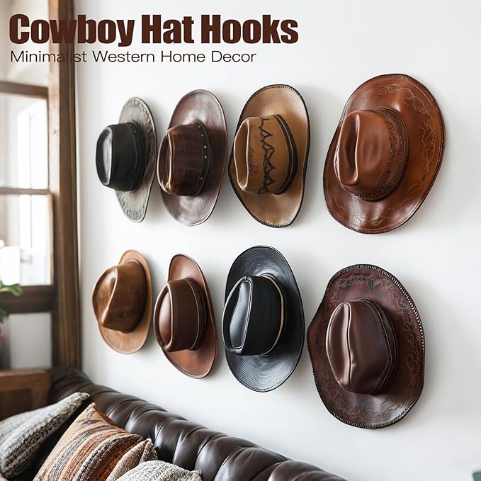 2.8 Inch Hat Hooks for Wall - (8 Pack) Cowboy Hat Rack, Strong Adhesive Cap Holder, Organizer for Baseball Caps, Western Room Decor - Black