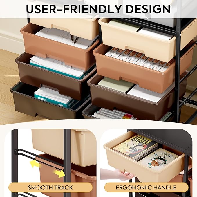 Rolling cart with 8 drawers,Storage drawer cart with wooden tabletop,Lockable wheels organizer for homeschool, arts & crafts, classroom, office & creative spaces (Brown)