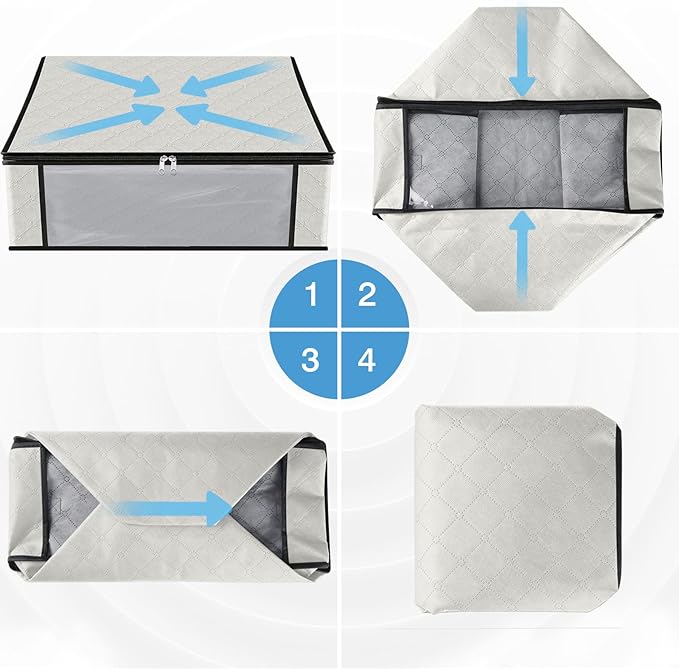 HomeHacks Storage 10-Pack Clothes Organizer Storage Bags Foldable Storage Box with Large Clear Window Sturdy Handles for Closet, Dorm, Pillows, Bedding, Clothes, Blankets, 35L, Ivory