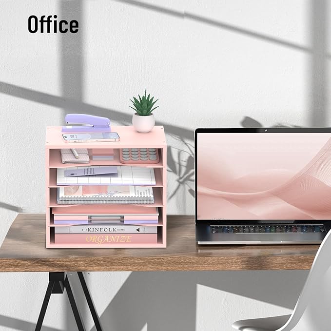 5-Tier Wood Desk Organizer, Paper Tray Organizer for Desk with Adjustable Storage Shelves, Desktop File Organization Paper Sorter Mail Holder for Office Home Classroom, Pink