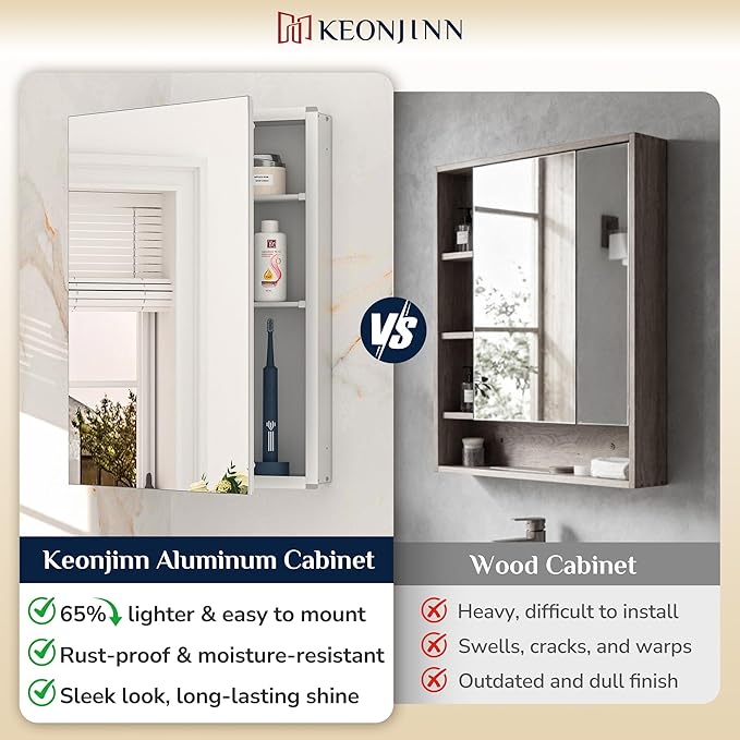 Keonjinn 40 x 26 Inch Medicine Cabinet, Assembly Required, Silver Bathroom Medicine Cabinets Mirror, Lightweight, Adjustable Shelves, Surface Mount or Recessed, Tempered Glass