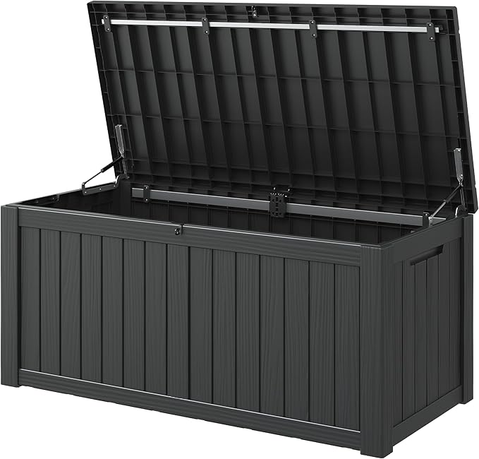 KAMABOKO Outdoor Storage Box, 120 Gallon Large Outdoor Resin Deck Box, Storage Waterproof Boxes Lockable Lid for Garden Tools, Pool Supplies, Patio Furniture and Cushions, Black