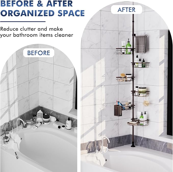 Corner Shower Caddy Tension Pole,Adjustable 30-120 Inch Bathroom Organizer Storage,Rustproof 6-Tier Shower Corner Shelves,Towel Rack, Toothbrush Holder, Soap Dish Organizers