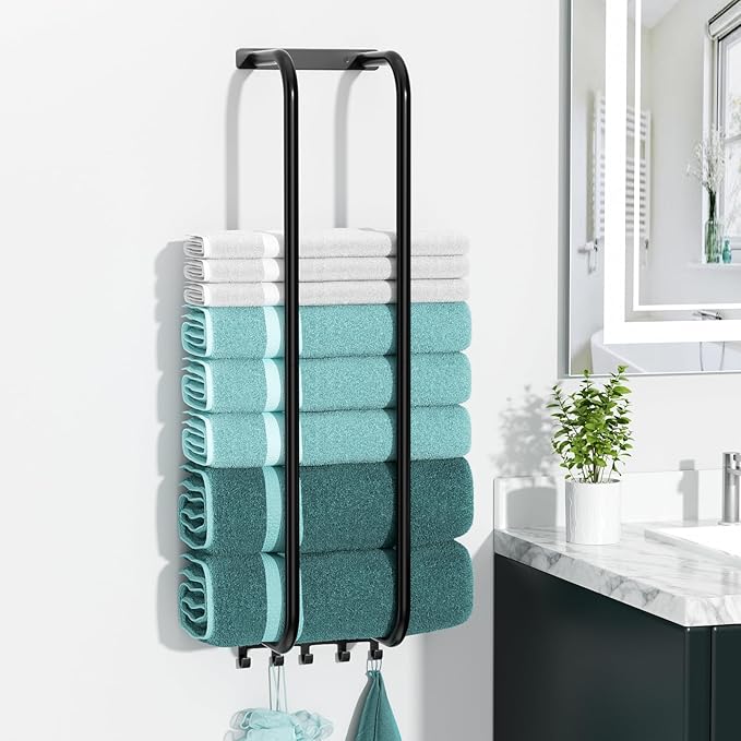 Towel Rack Bathroom Wall Holder: 27.9 Inch Wall Mounted Shower Organizer, for Rolled Towel Storage, 2 Metal Racks Plus Extra 5 Hooks, for Modern Small Space Bathroom RV Campers (Matte Black)