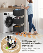 3 Section Laundry Sorter with Removable Bags, 120L Rolling Vertical Laundry Hamper, Stackable Laundry Baskets organizer for Bathroom, Apartment, Dorm (Black, With Wheel)