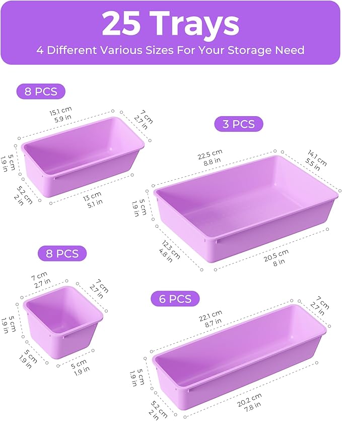 25 PCS Plastic Drawer Organizers Set, 4-Sizes Vanity and Makeup Organizer, Desk and bathroom Drawer Organizer Trays, Organizers and Storage for Makeup, Jewelry, Gadgets, Utensils (Purple)