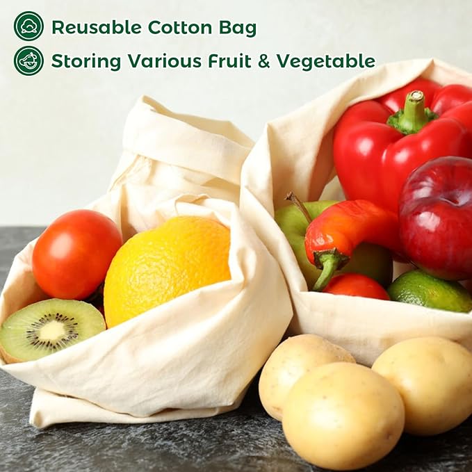 Cotton Storage Bags With Drawstrings - Rainflow 3 Pack 15x17 Inch Reusable Produce Bags Cotton Produce Bags Washable Muslin Storage Bags for Fruit Onion Storage Clothes Shopping Home Supplies