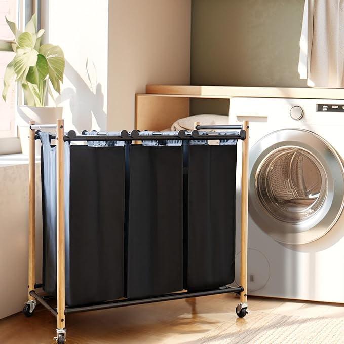 STORAGE MANIAC 3 Section Laundry Sorter, 35.9 Gal (136 L) Laundry Hamper Cart with Heavy Duty Rolling Lockable Wheels and Removable Bags, Clothes Organizer Basket Clothes Separator Hamper, Bamboo