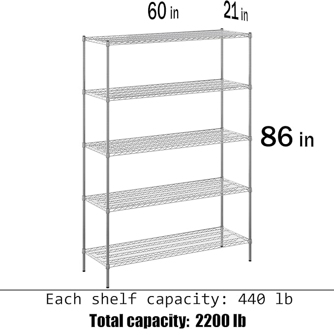 21" Deep x 60" Wide x 86" Height Wire Shelving Kit | 5-Tier | NSF Commercial Storage Rack Unit