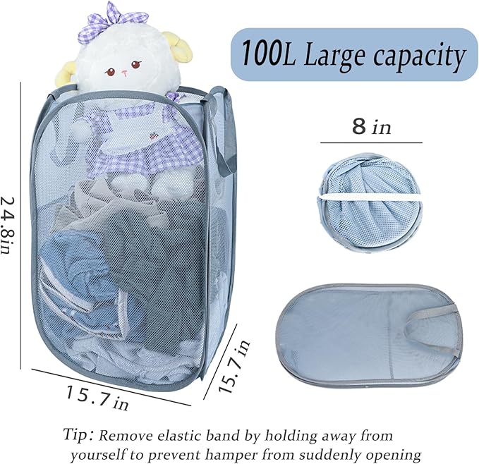 Upgraded 100L Extra Large Collapsible Laundry Baskets, 2 Pack XL Mesh Pop Up Laundry Hamper with Handles, Portable Travel Laundry Basket, Foldable Hamper. Grey. 2V