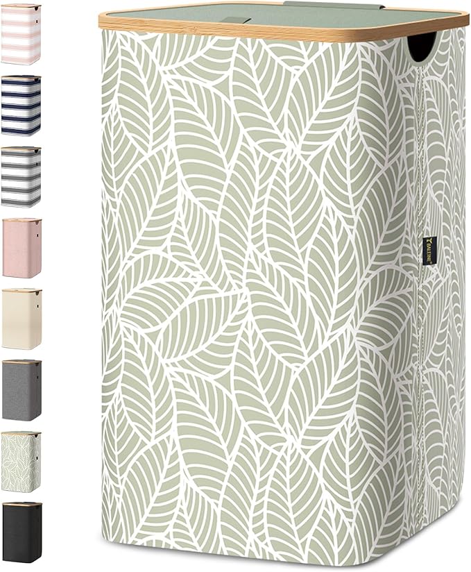 BALEINE Laundry Hamper with Lid, Tall Laundry Baskets with Bamboo Pull Handles, Large Laundry Bin with Internal Support (18 Gal/70L, Antique Foliage)