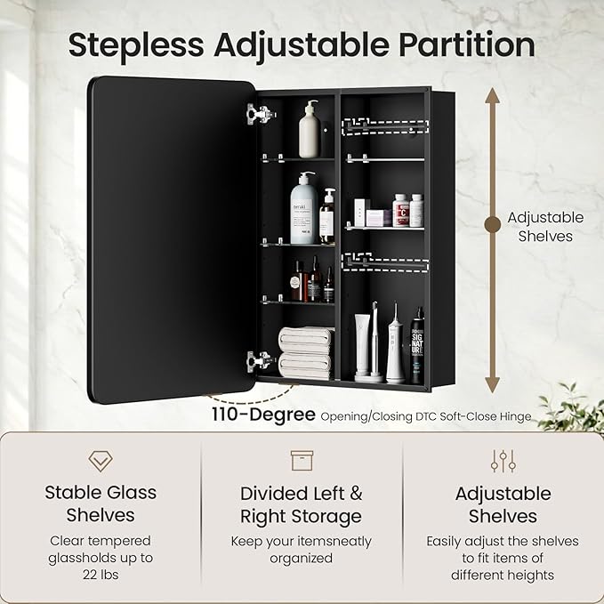 Large Medicine Cabinet 24x32 Inch, Matte Black Aluminum Bathroom Mirror Cabinet with Storage, 6 Adjustable Glass Shelves, Rust Proof Recessed or Surface Mount, Heavy-Duty Soft Close