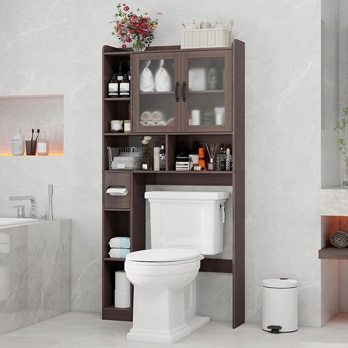 Vabches Over The Toilet Storage Cabinet, Farmhouse Storage Cabinet Over Toilet with Acrylic Doors，Home Space-Saving Toilet Rack, for Bathroom, Restroom, Laundry, Espresso