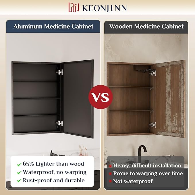 Keonjinn Black Medicine Cabinet Mirror 24" x 32", Assembly Needed, Recessed Medicine Cabinet with Mirror for Bathroom, Beveled Framed, Surface Wall-Mounted or Recessed, Tempered Glass