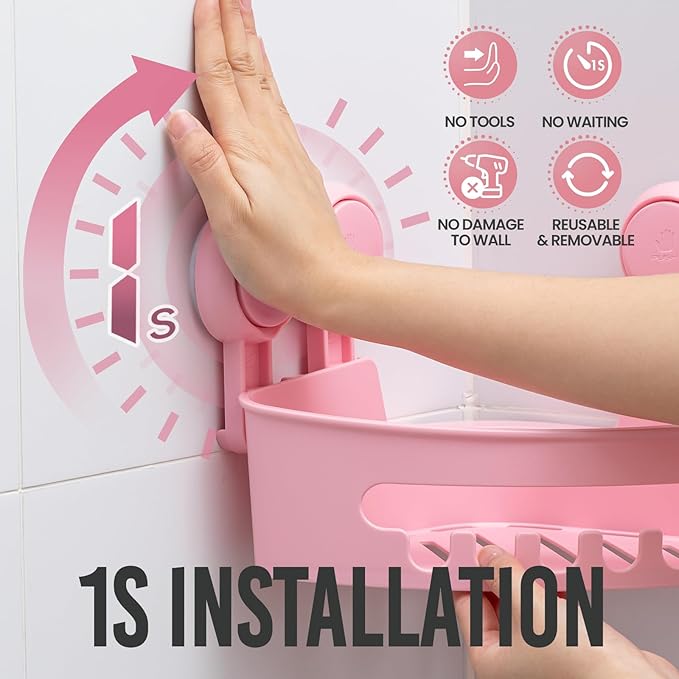 TAILI Corner Shower Caddy with Suction Cups, Wall Mounted Organizer Plastic Rack for Small Bathrooms, Kitchen, Removable Drill-Free Heavy Duty Shelf Basket, PINK