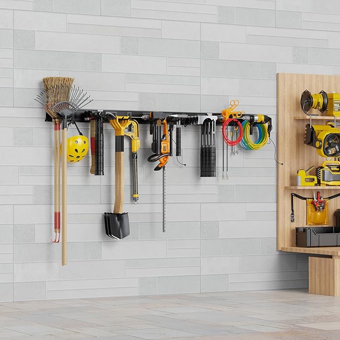 Garage Organzier Wall Mount, 48 Inch Garden Tool Organizer, 16PCS Heavy Duty Garage Storage Organization, Adjustable Tool Storage Rack Hooks, Yard Shed Tool Organizer Hold Max 450 lbs