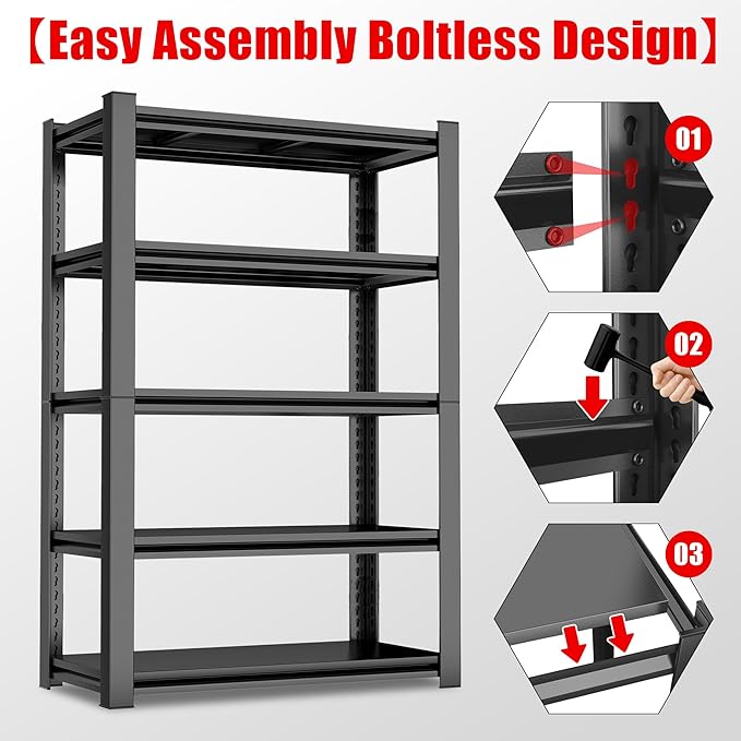 Heavy Duty Shelving 5-Tier, Garage Shelving Unit (72" H X 40" W X 18" D) Adjustable Black Metal Storage Shelves, Ideal for Garage, Basement, Pantry & Warehouse, Black, 3000LBS Capacity