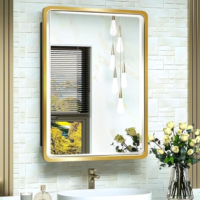 16×26inch Medicine Cabinet,Mirror Cabinet with Beveled Mirror,Solf Close Hinge,Brushed Aluminum Framed,Detachable Side Plate for Recess Mount or Surface Mount,Gold