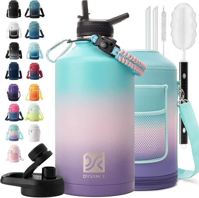 1 Gallon Water Bottle Insulated | Thickened Stainless Steel Vacuum Metal Water Jug | Portable Sports Large for Gym and Hiking with Straw, Carrier Bag, Handle Strap | BPA-Free 128 oz