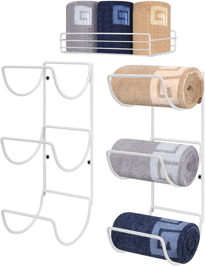 NearMoon Towel Rack Wall Mounted- All Metal Bathroom 2 Towel Rack Holders+ Hand Towel Storage Basket, Rustproof 3 Level Wine Rack Organizer for Hand Towels, Washcloths, 2+1 Pack (White)