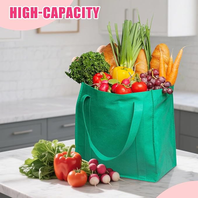 12 Pack Heavy Duty Reusable Grocery Bags - Large Shopping Totes Reinforced Handles, Holds 40 lbs, Foldable and Washable (Green)