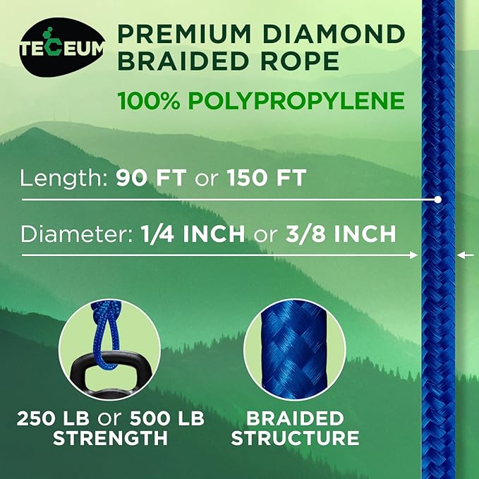 TECEUM Rope – 90 Feet x 1/4 Inch (7mm) – Blue – Strong All-Purpose Utility Rope – Camping, Crafting, Flag Pole, Indoor & Outdoor – Polypropylene Nylon Poly Lightweight Diamond Braided Cord