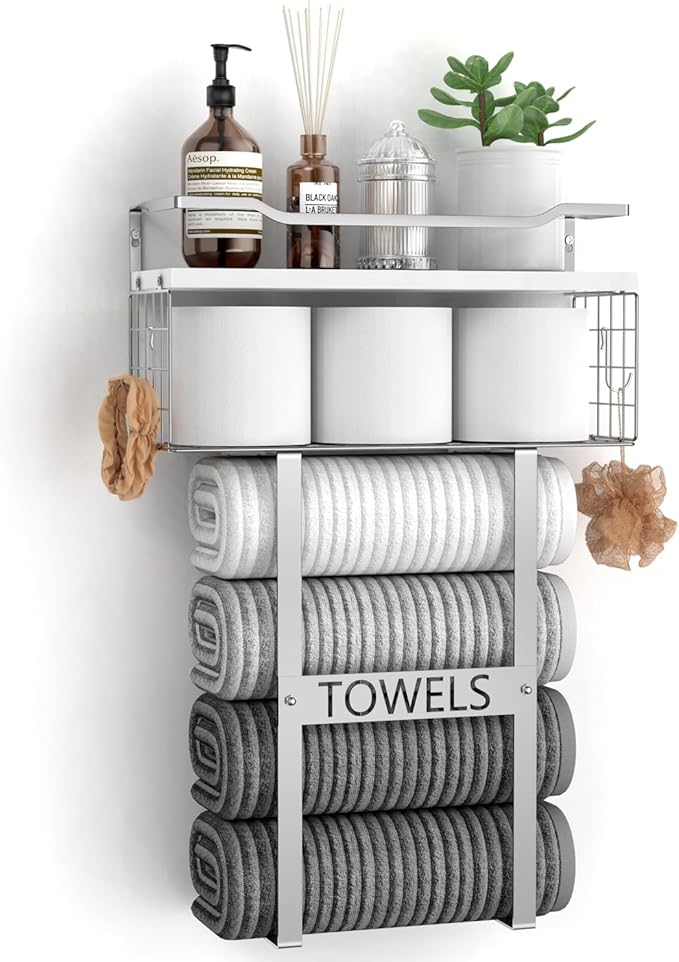 Towel Racks for Bathroom Wall Mounted - Bath Wall Towel Holder Set Above Toilet Storage, Rolled Towel Shelf Organizer for Small Bathroom, Wood Vertical Towel Rack for Bathroom Wall Decor Silver